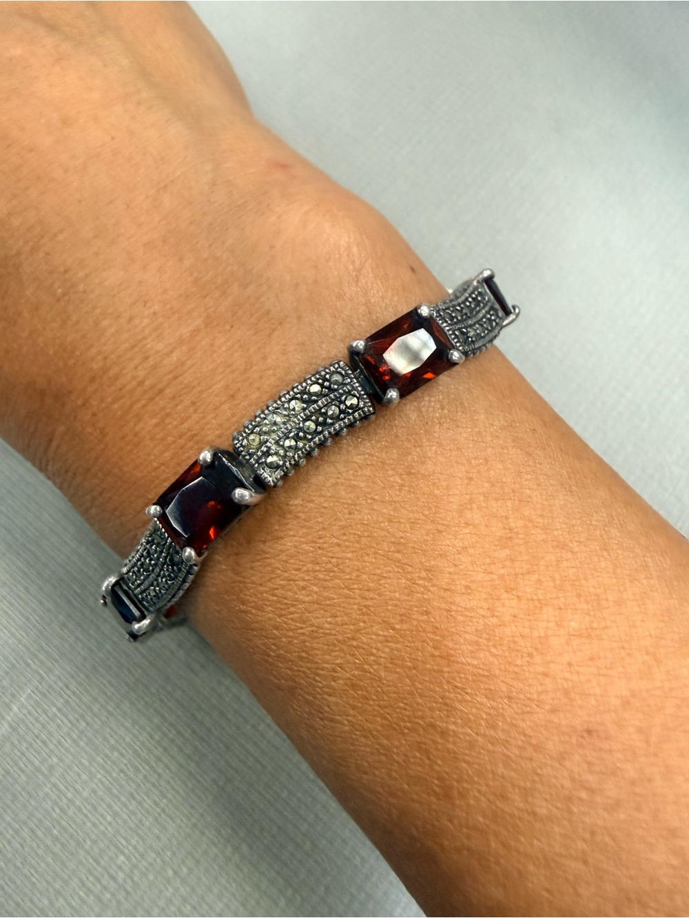 1980s Art-Deco Style Garnet & Marcasite Bracelet